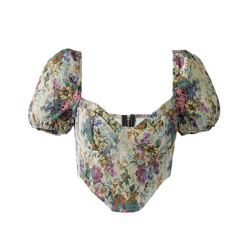 Fairycore crop top met korte pofmouwen en print