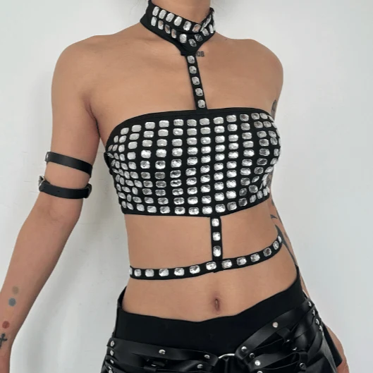 Y2K kralen halter crop top met open rug