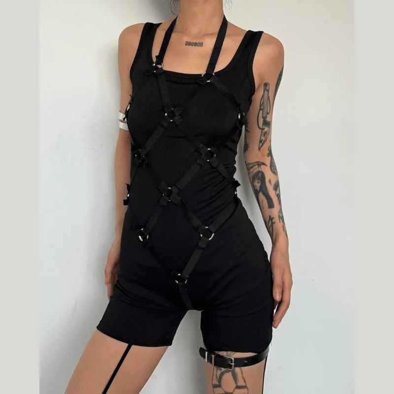 Geribbelde mouwloze U-hals romper, y2k 90s Revival Techno Fashion