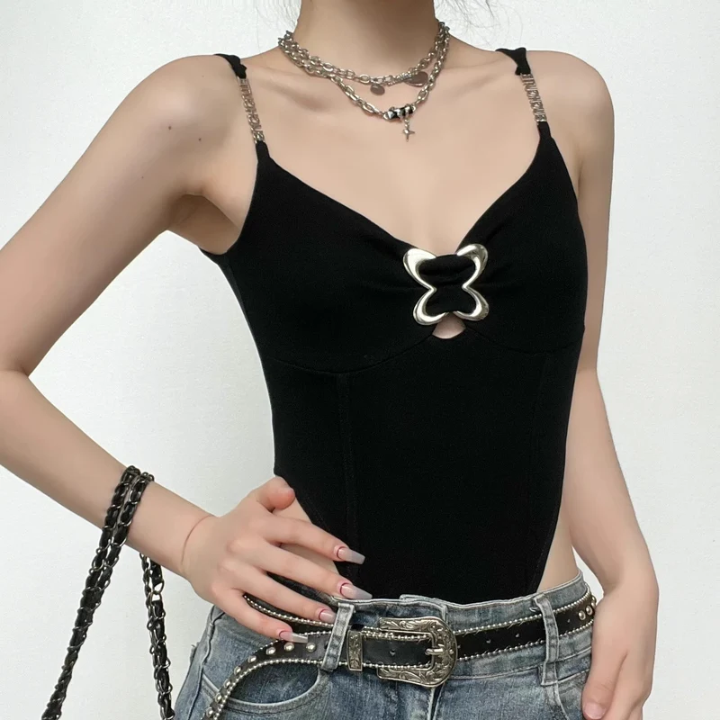 Mouwloos bodysuit met gesp, V-hals en metalen ketting, y2k 90s Revival Techno Fashion