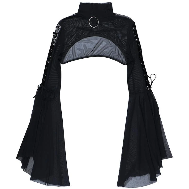 Uitlopende mouwen, doorschijnende mesh vetersluiting, hoge hals, gothic emo darkwave fashion