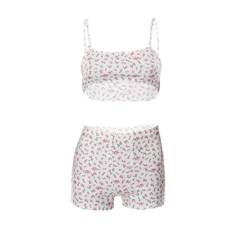 Cami crop top met bloemenprint en textuur, korte broekset, y2k 90s Revival Techno Fashion