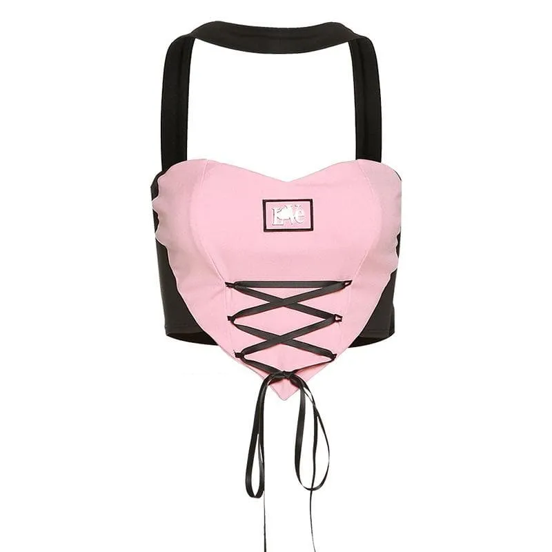 Liefde veter halter contrast hart crop top y2k 90s Revival Techno Fashion