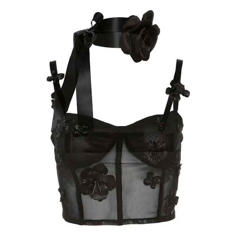 Goth bloemenapplicaties mesh korset crop top