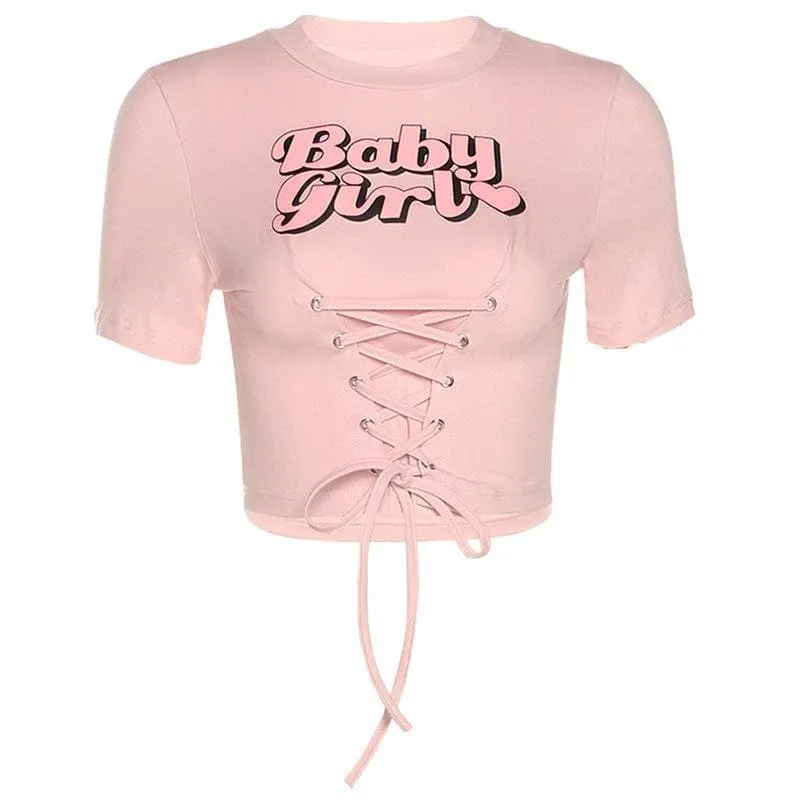 BABY MEISJE top met vetersluiting aan de voorkant en korte mouwen, y2k 90s Revival Techno Fashion