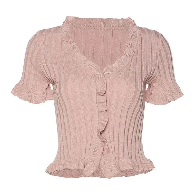 Y2K crop top met korte mouwen, ribstof en ruches