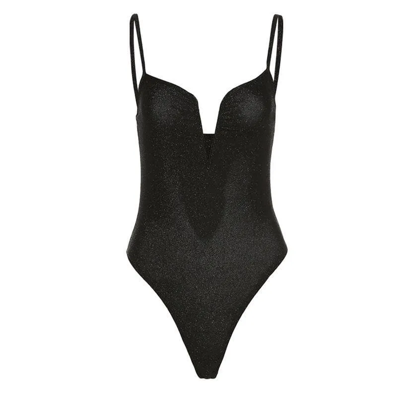 Y2K Diepe V-hals glitter cami bodysuit