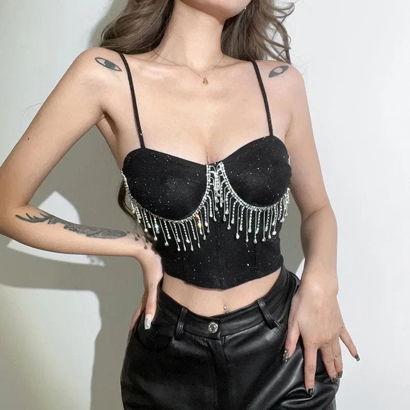 Y2K crop top met kwastjes en hartjeshals en glitter