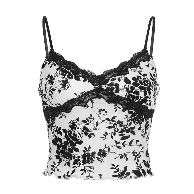 Doorschijnende cami-top van doorschijnend mesh met contrasterende kanten zoom en open rug, y2k 90s Revival Techno Fashion