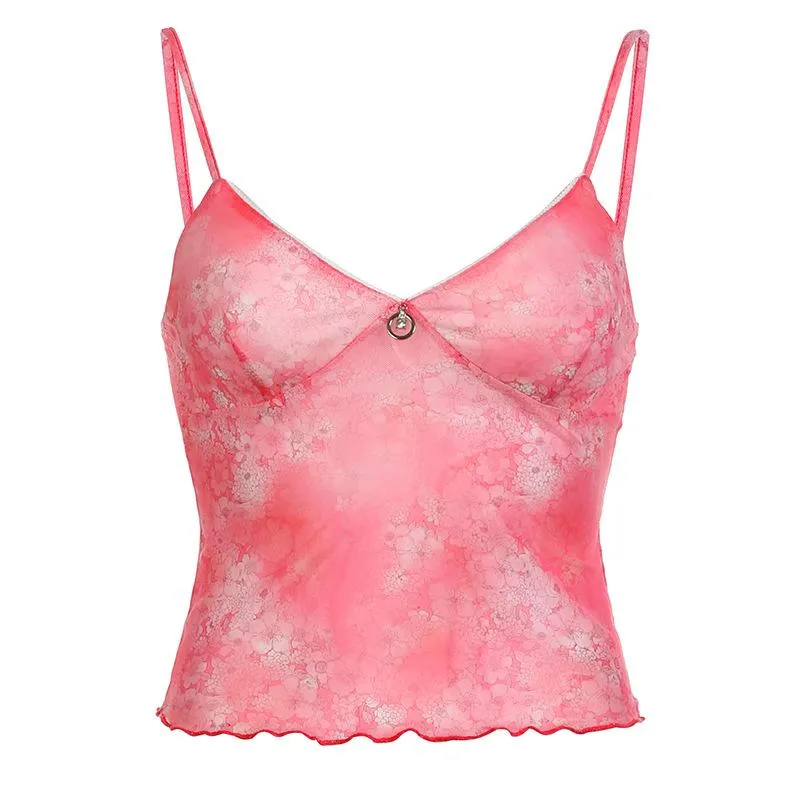 Doorschijnende cami crop top van doorschijnend mesh met V-hals, bloemenprint en ruches, y2k 90s Revival Techno Fashion