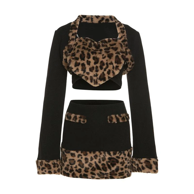 Lange mouwen luipaardprint pluizige shrug sweetheart hals 2-delige minirokset y2k 90s Revival Techno Fashion