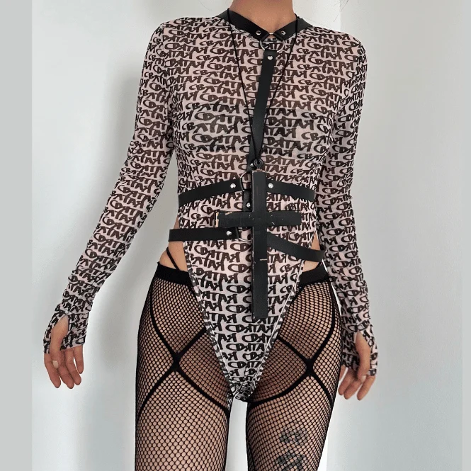 Y2K bodysuit met lange mouwen en doorschijnend mesh