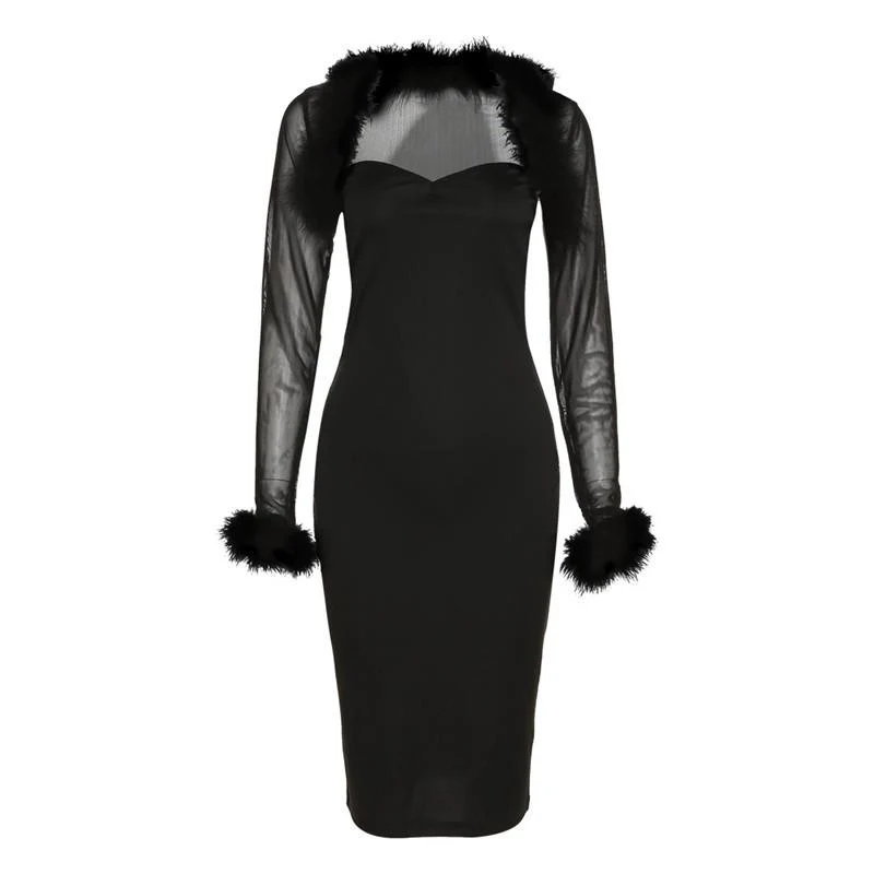 Tweedelige tube midi-jurk van stevig mesh met lange mouwen en verenmotief