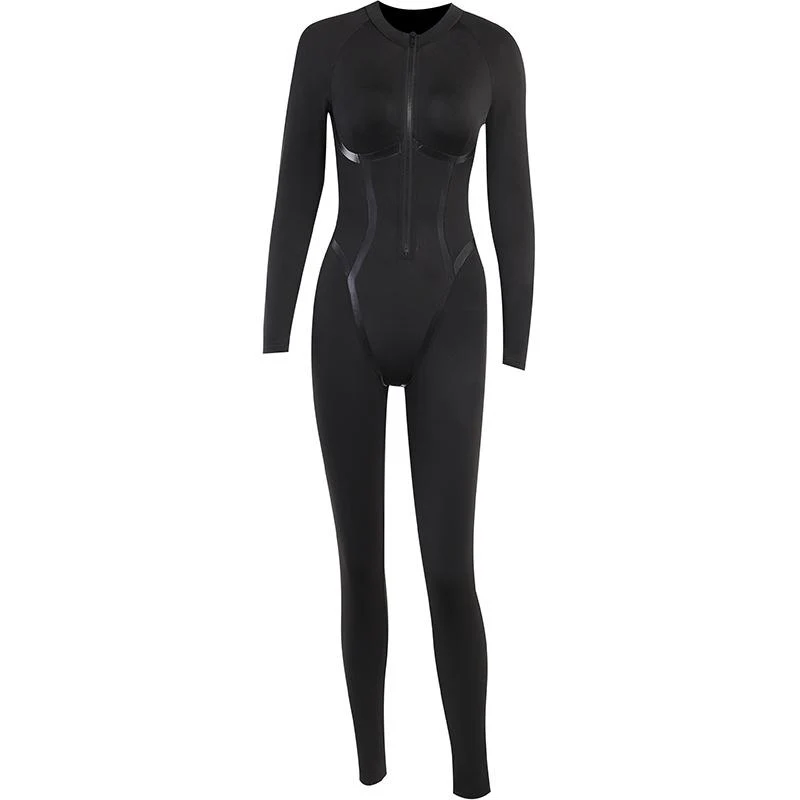 PU jumpsuit met rits, lange mouwen en hoge hals, effen, y2k 90s Revival Techno Fashion