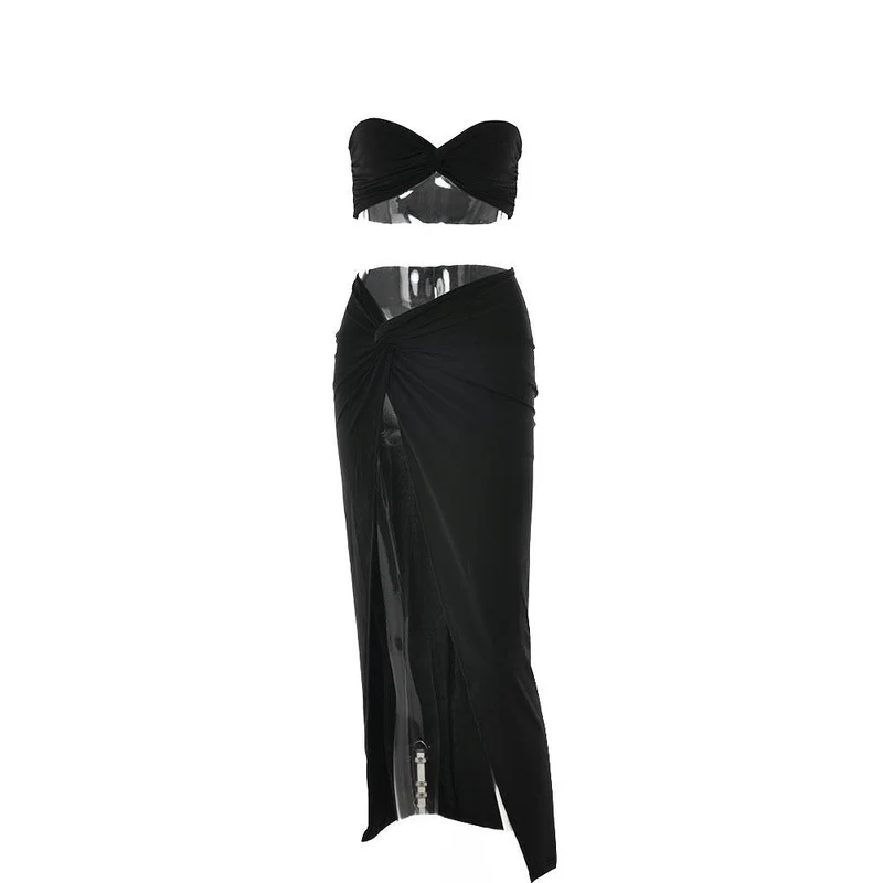 Grunge midi rok set met split, knoop en sweetheart-halslijn