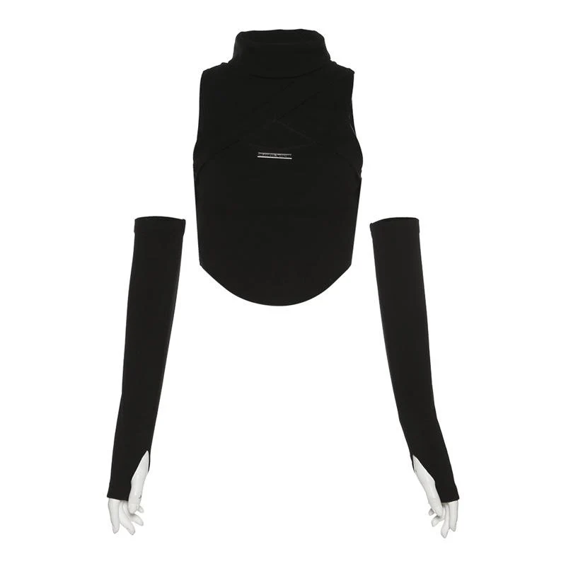Y2K mouwloze crop top met hoge hals en open details