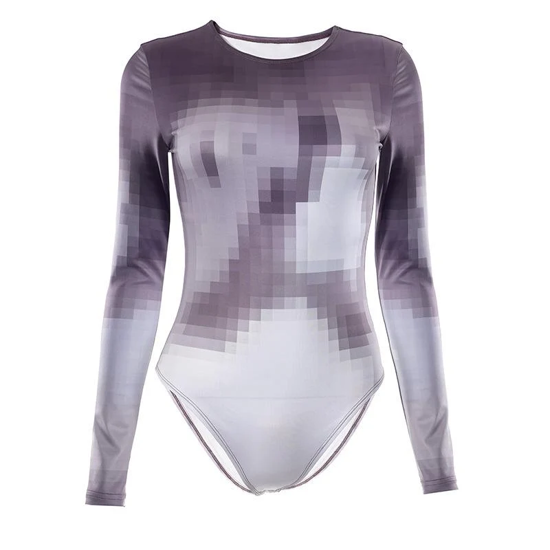 Cyberpunk mozaïekprint bodysuit met ronde hals