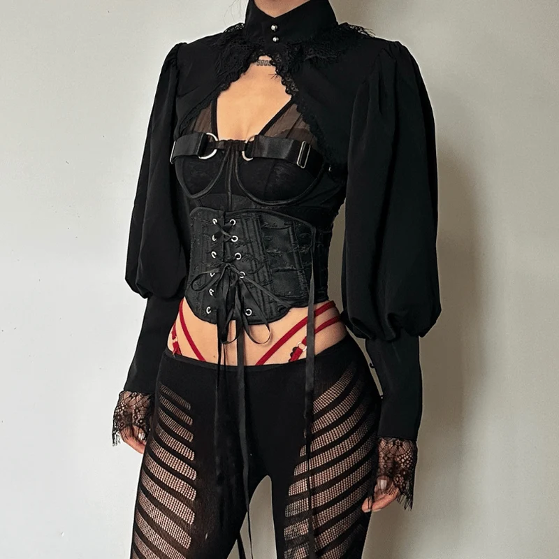 Pofmouw, effen kanten zoom, knoopsluiting, hoge hals, shrug top, y2k 90s Revival Techno Fashion