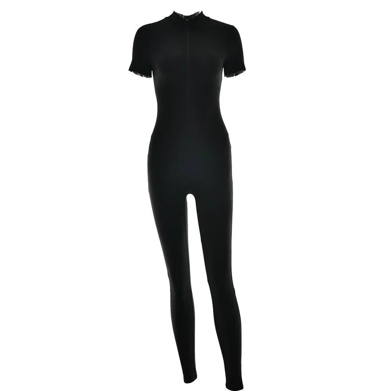 Jumpsuit met korte mouwen, hoge hals en ritssluiting, gothic, Alternative Darkwave Fashion, gothic, emo, Darkwave Fashion