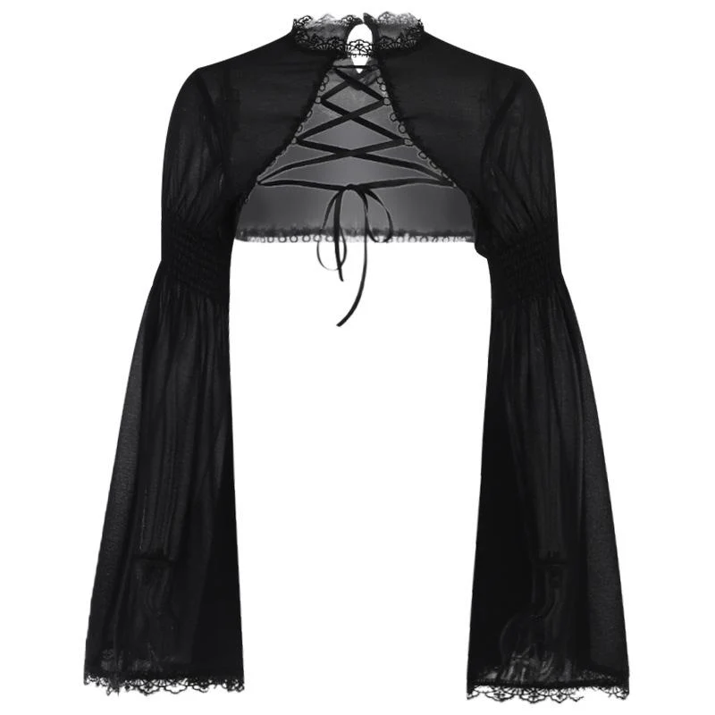 Kanten zoom gesmokt effen uitlopende mouwen veter shrug top goth Alternative Darkwave Fashion goth Emo Darkwave Fashion