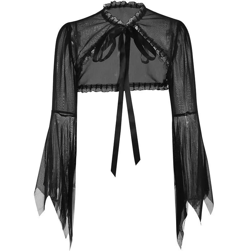 Mesh zelfstrikkende ruches uitlopende mouwen effen shrug top goth Alternative Darkwave Fashion goth Emo Darkwave Fashion
