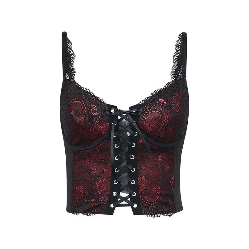 Kanten V-hals contrast vetersluiting rugloze crop top goth Alternative Darkwave Fashion goth Emo Darkwave Fashion