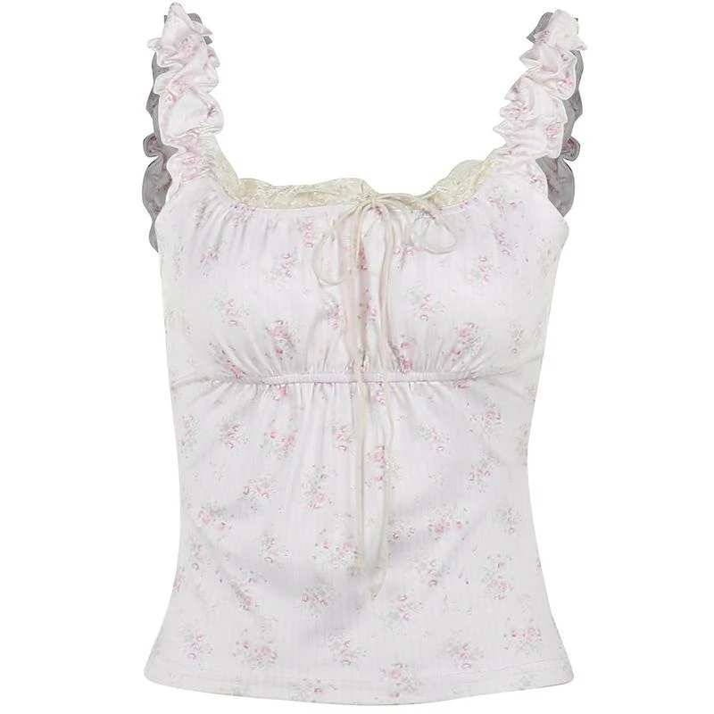 Mouwloze top met bloemenprint en kanten zoom, gerimpeld, y2k 90s Revival Techno Fashion