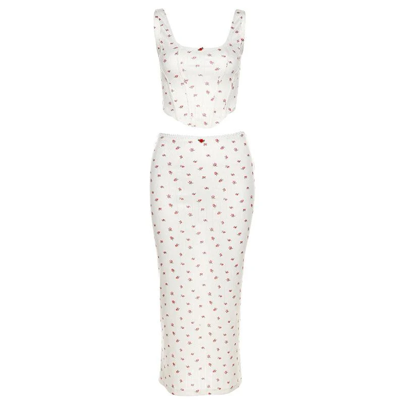 Set met bloemenprint, U-hals, mouwloze midi-rok met lage taille en kanten zoom