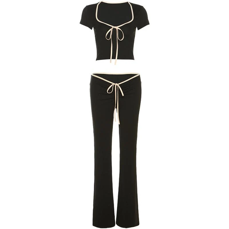Y2K contrasterende broek met strikceintuur en lage taille