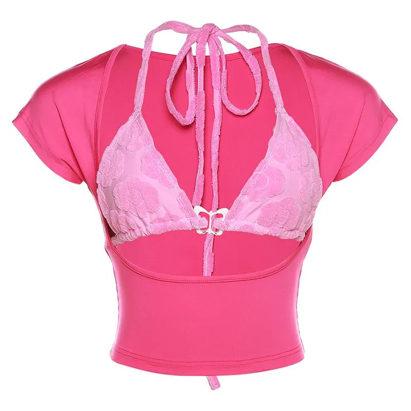 Y2K vlinder opengewerkt crop top met korte mouwen