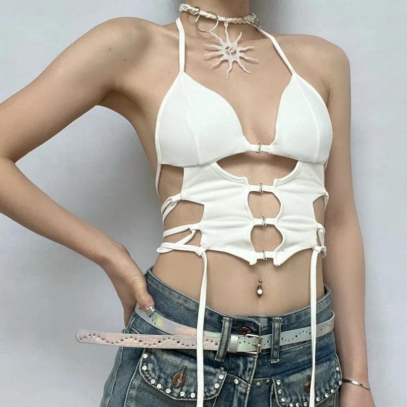 Y2K crop top met open V-hals en halternek