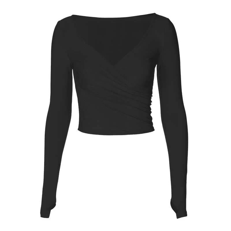 Y2K crop top met lange mouwen en V-hals en plooien