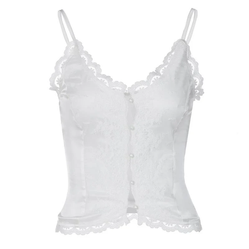 Y2K kanten knoopjes V-hals open rug cami crop top