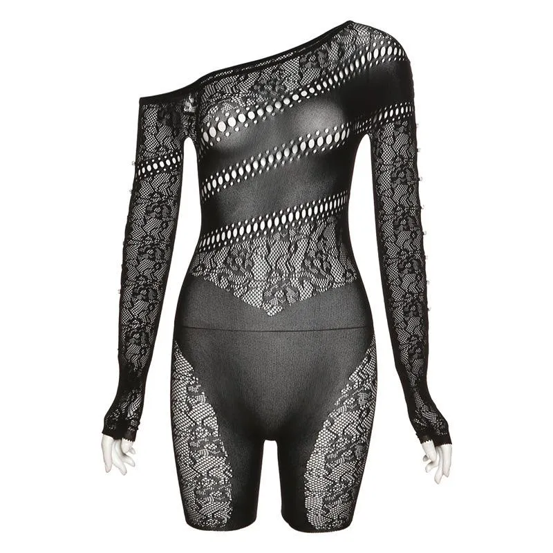Gotische off-shoulder kanten jumpsuit met open details