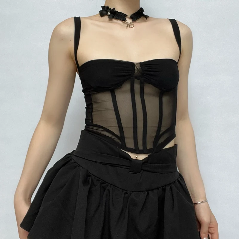 Doorschijnende mesh vierkante hals corset rugloze gerimpelde cami crop top y2k 90s Revival Techno Fashion
