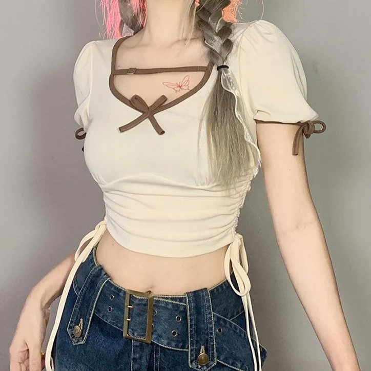 Y2K ruched drawstring bowknot crop top