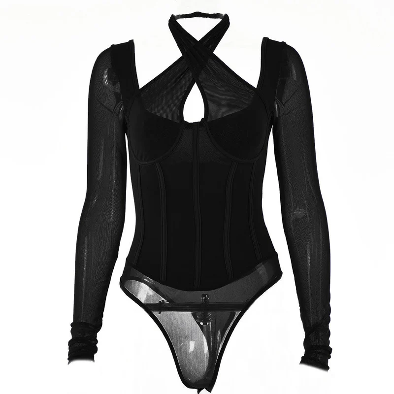 Y2K mesh bodysuit met lange mouwen
