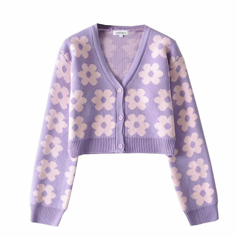Y2K v neck flower pattern button knitted cardigan