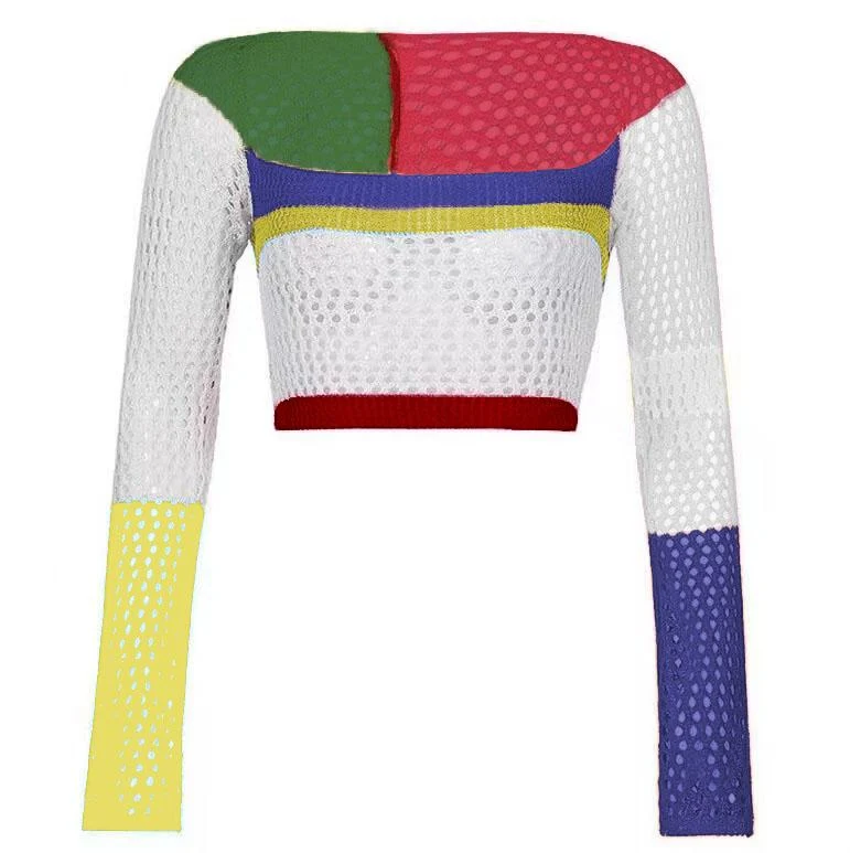Laag uitgesneden contrasterende gehaakte gebreide top met lange mouwen en vierkante hals, y2k 90s Revival Techno Fashion