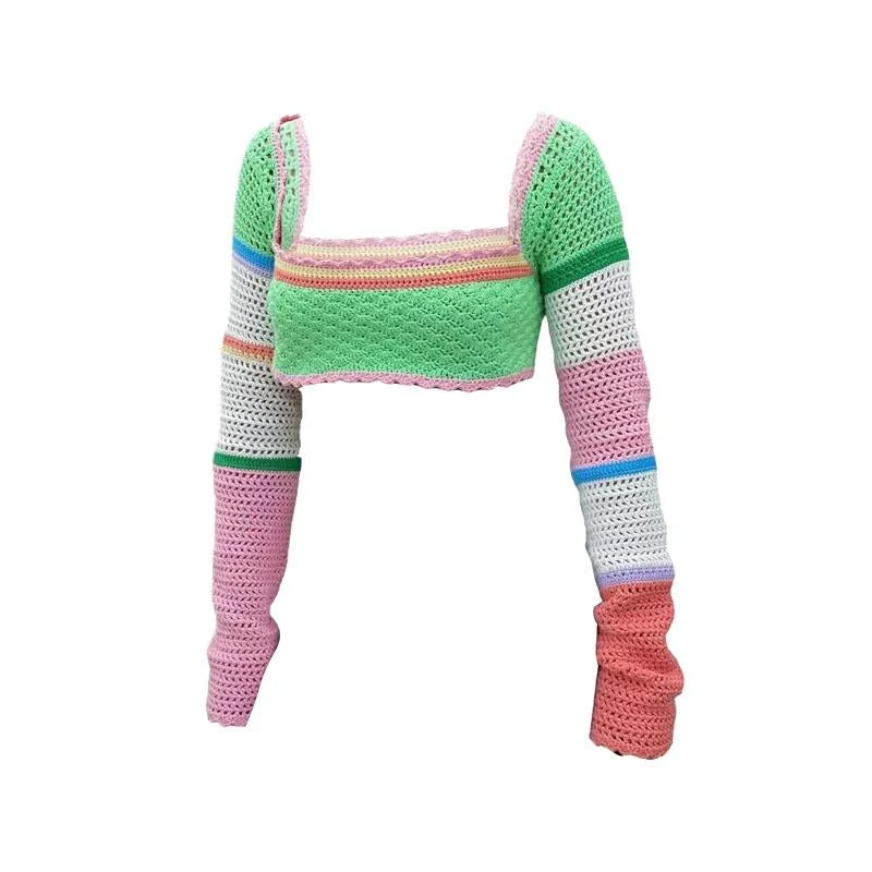 Haakgebreide crop top met lange mouwen en contrasterende vierkante hals, Y2K 90s Revival Techno Fashion