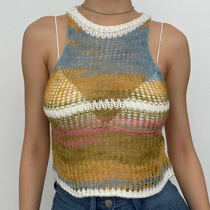 Y2K contrasterende gehaakte mouwloze crop top