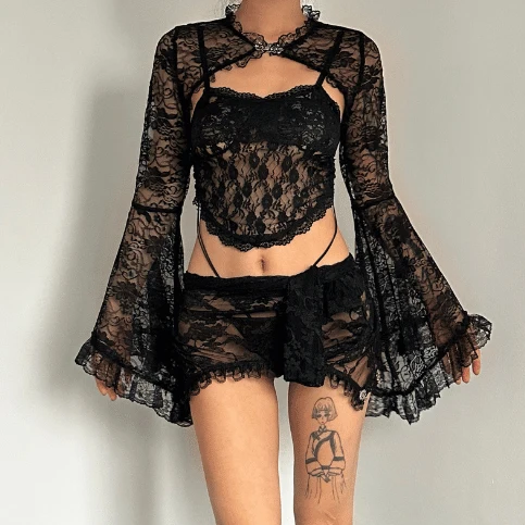 Stevige, uitlopende mouwen, kanten zoom, knoopsluiting, uitgesneden bolero, top, gothic, alternatief, Darkwave Fashion, gothic, emo, Darkwave Fashion